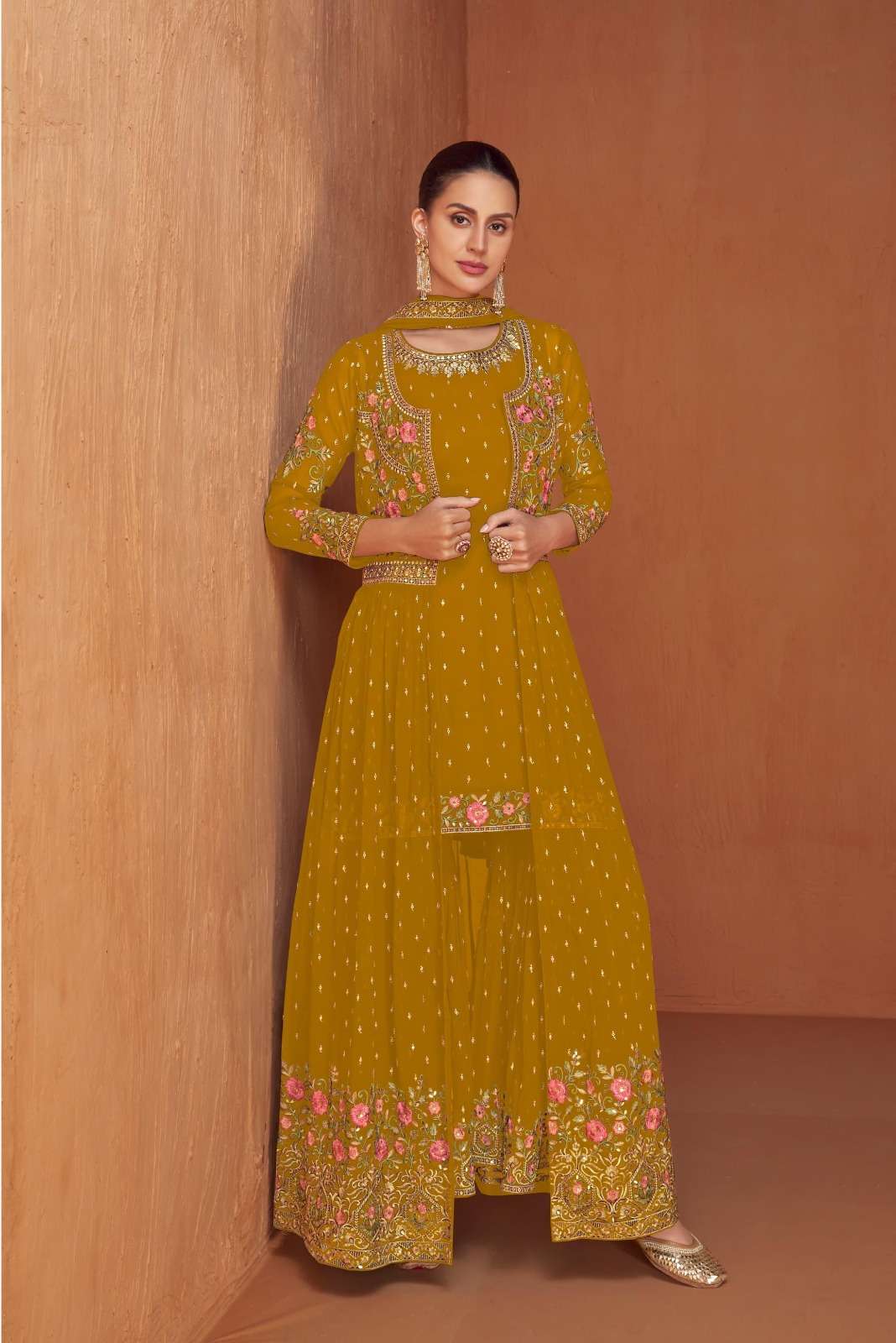 DESIGNER WEDDING PARTY WEAR YELLOW REAL GEORGETTE KOTI ANARKALI SALWAR SUIT GOWN WITH DUPATTA GL JASMEEN 7429E