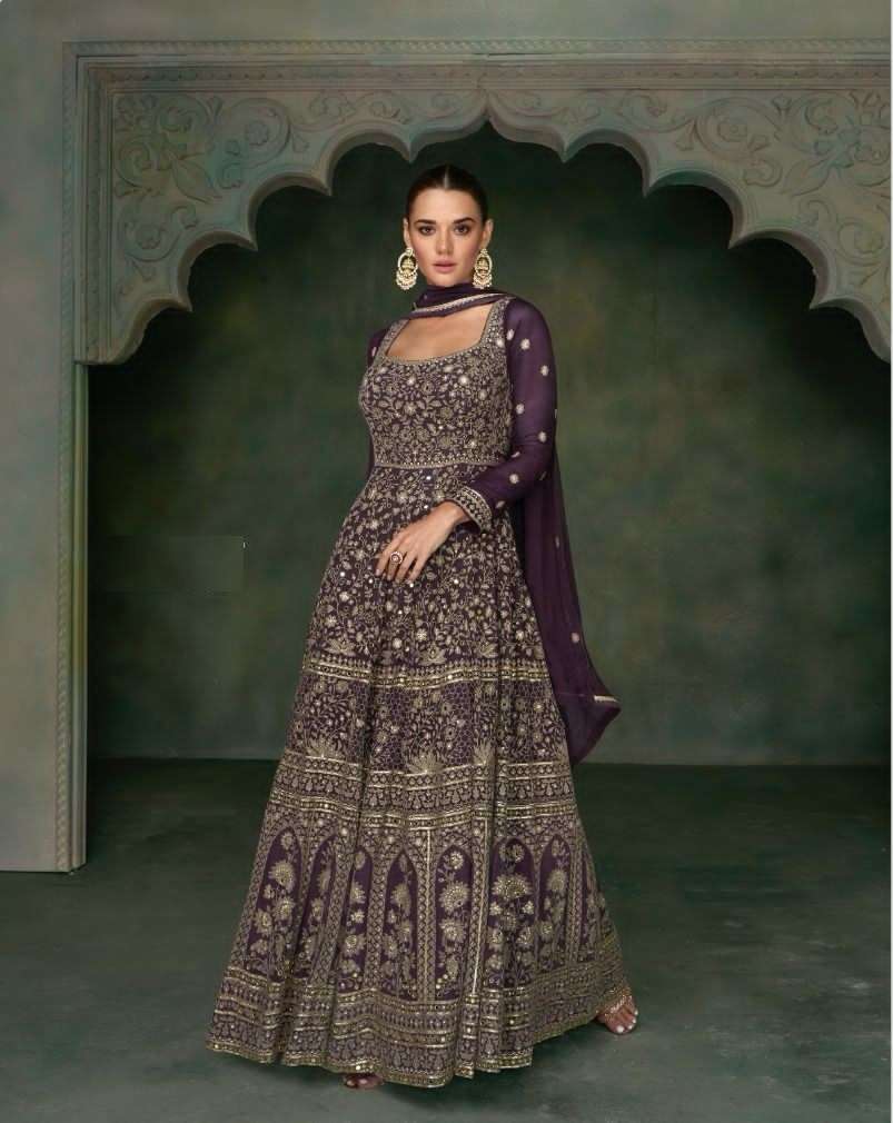 DESIGNER WINE WEDDING PARTY WEAR REAL GEORGETTE INDIAN ANARKALI SALWAR SUIT GOWN WITH DUPATTA SY NAYAAB 5350