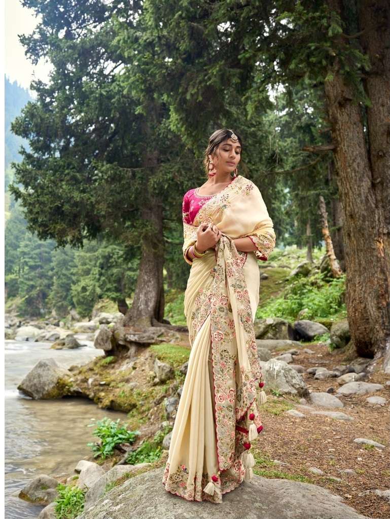 HEAVY DESIGNER WEDDING BRIDAL PARTY WEAR FANCY BEIGE INDIAN SILK SAREE SM TATHASTU 6406