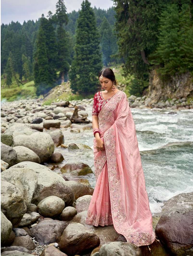 HEAVY DESIGNER WEDDING BRIDAL PARTY WEAR FANCY INDIAN PINK SILK SAREE SM TATHASTU 6401