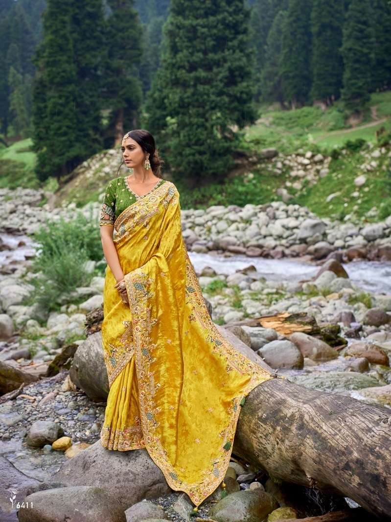 HEAVY DESIGNER WEDDING BRIDAL PARTY WEAR FANCY INDIAN YELLOW SILK SAREE SM TATHASTU 6411