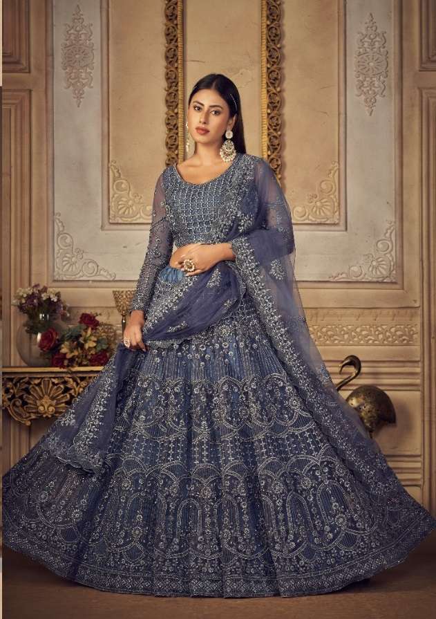 INDIAN BOLLYWOOD DESIGNER FANCY BRIDAL WEDDING PARTY WEAR HEAVY BLUE NET LEHENGA NVN VAMIKA 1002