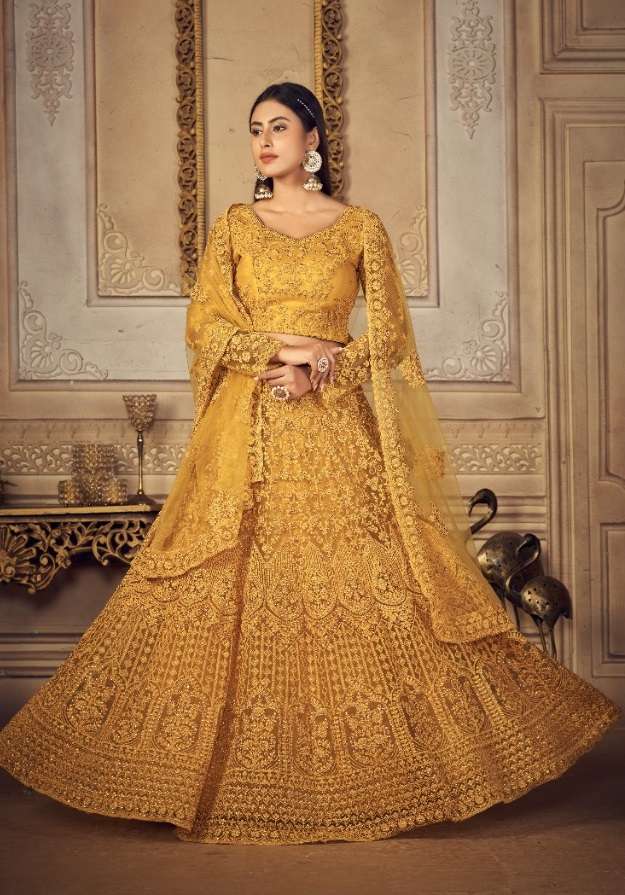 INDIAN BOLLYWOOD DESIGNER FANCY BRIDAL WEDDING PARTY WEAR HEAVY YELLOW NET LEHENGA NVN VAMIKA 1004