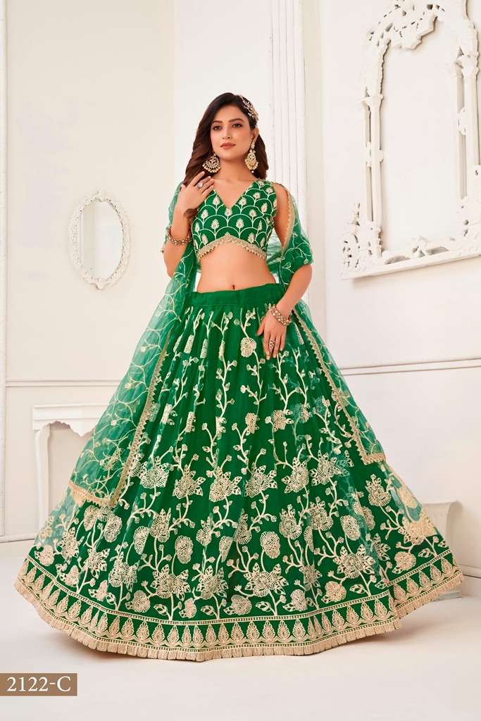 INDIAN BOLLYWOOD DESIGNER FANCY PARTY WEAR GREEN BUTTERFLY NET LEHENGA CHOLI DST NRYANI KELAYA 2122 C