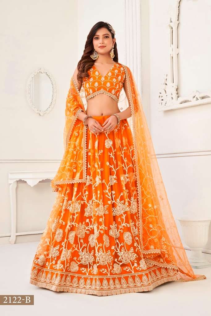 INDIAN BOLLYWOOD DESIGNER FANCY PARTY WEAR ORANGE BUTTERFLY NET LEHENGA CHOLI DST NRYANI KELAYA 2122 B