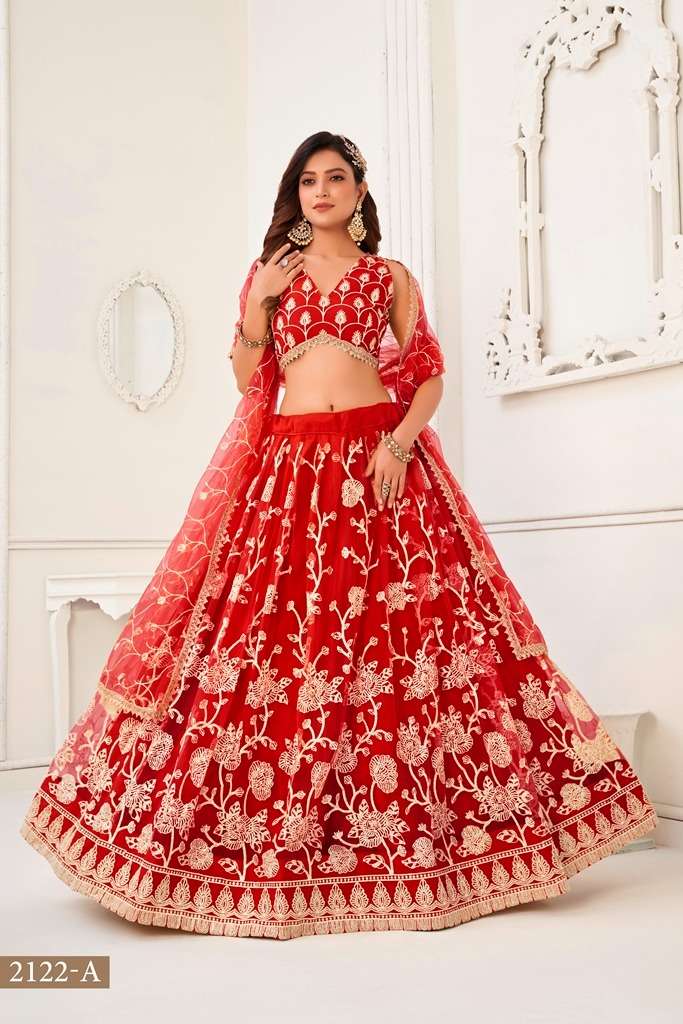 INDIAN BOLLYWOOD DESIGNER FANCY PARTY WEAR RED BUTTERFLY NET LEHENGA CHOLI DST NRYANI KELAYA 2122 A