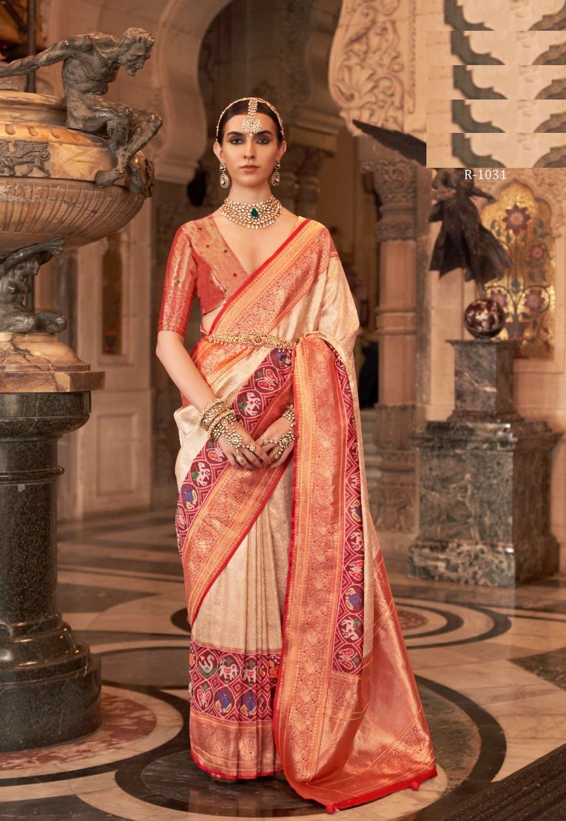 INDIAN DESIGNER FANCY WEDDING PARTY WEAR BEIGE BANARASI SILK SAREE SM RW TARIKA 1031