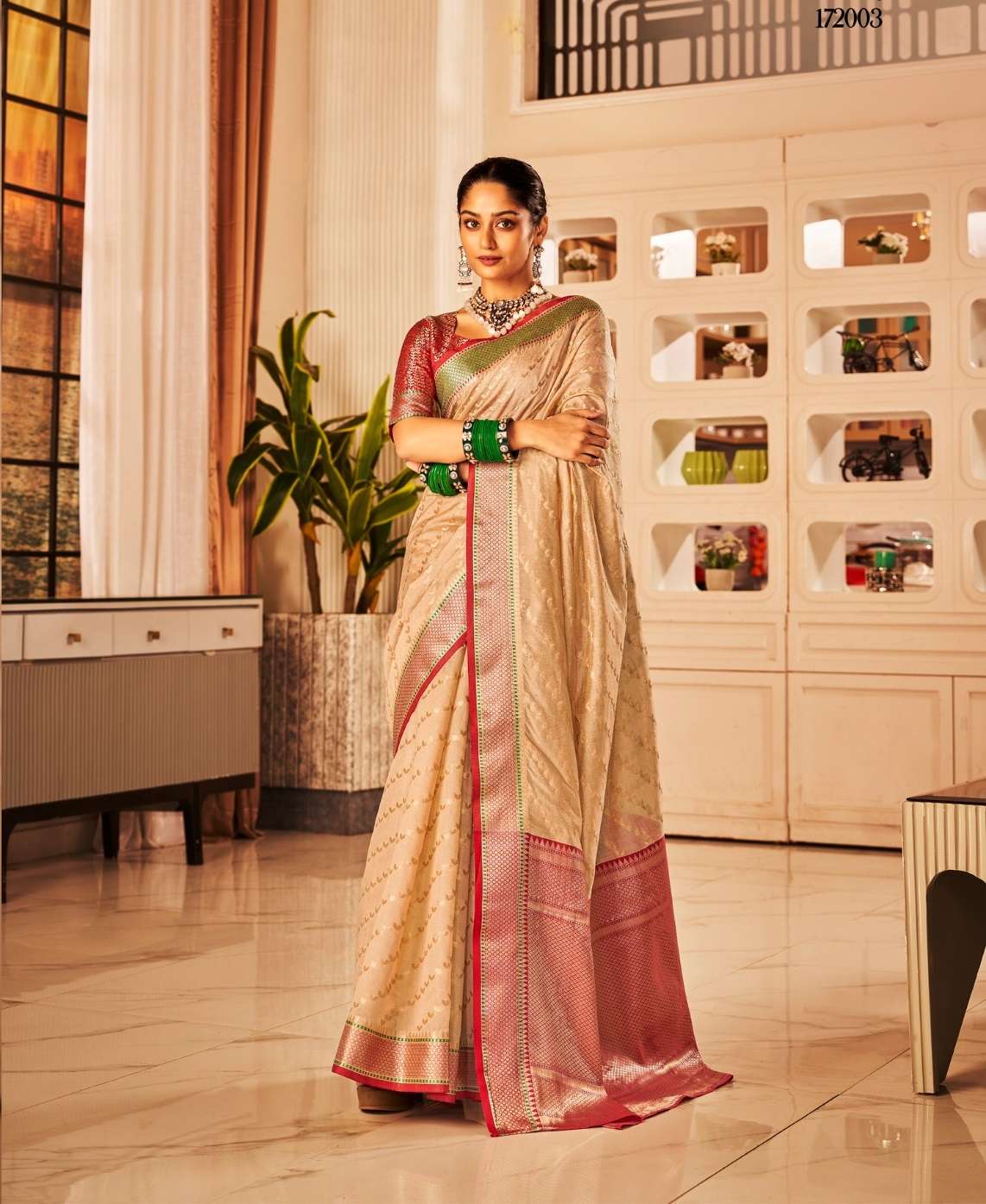 INDIAN DESIGNER FANCY WEDDING PARTY WEAR BEIGE HEAVY SILK SAREE SM SJPT VAIJANTI 17003