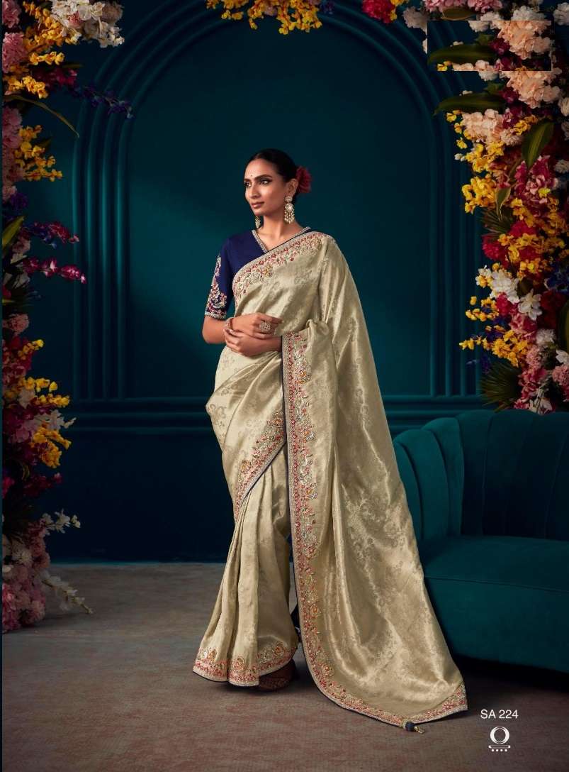 INDIAN DESIGNER FANCY WEDDING PARTY WEAR BEIGE KANJIVARM SOFT SILK SAREE SM KIM TYOHAR 224