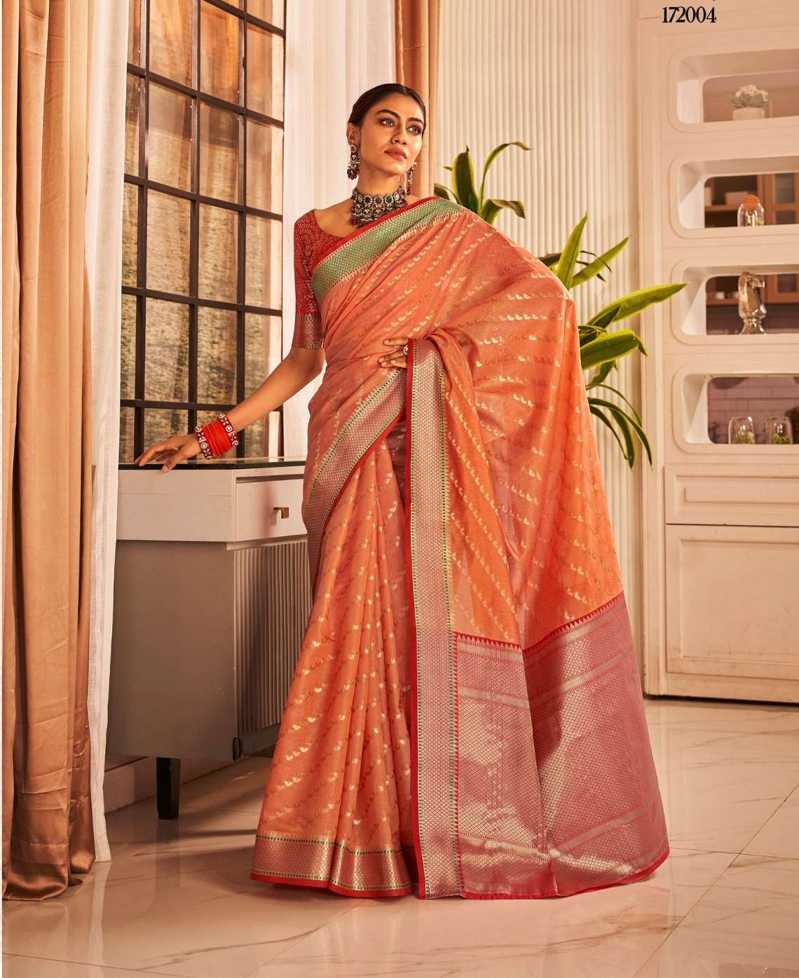 INDIAN DESIGNER FANCY WEDDING PARTY WEAR ORANGE HEAVY SILK SAREE SM SJPT VAIJANTI 17004