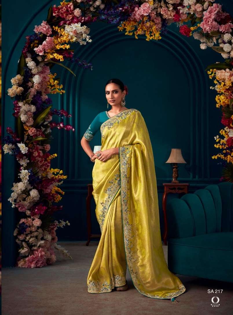 INDIAN DESIGNER FANCY WEDDING PARTY WEAR YELLOW GREEN KANJIVARM SOFT SILK SAREE SM KIM TYOHAR 217