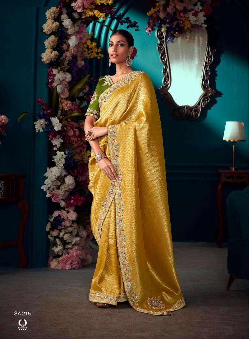 INDIAN DESIGNER FANCY WEDDING PARTY WEAR YELLOW KANJIVARM SOFT SILK SAREE SM KIM TYOHAR 215