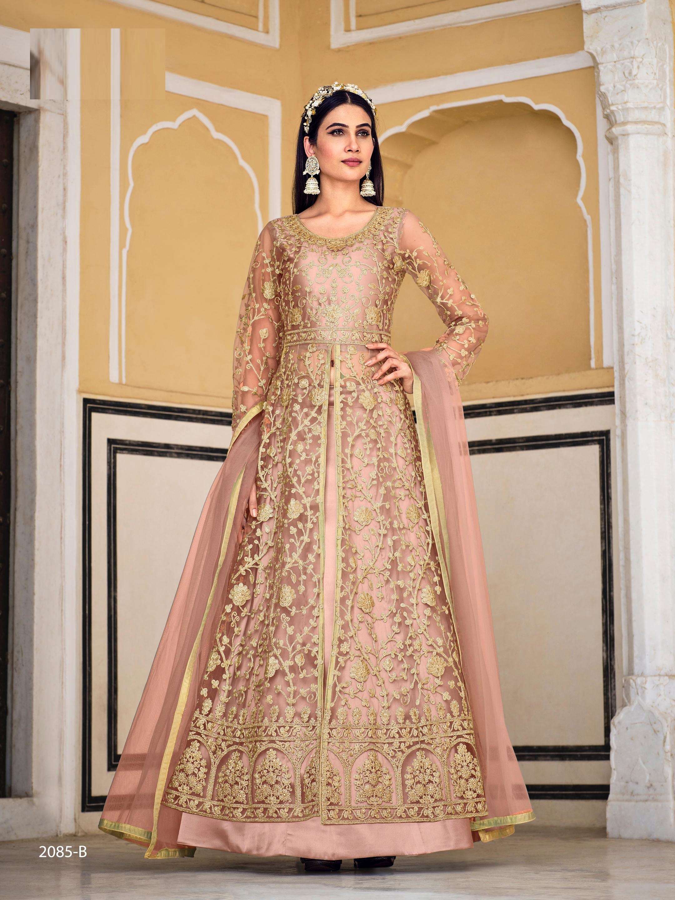 LATEST 2023 DESIGNER PEACE ANARKALI GOWN FOR WEDDING PARTY WEAR SALWAR SUIT LONG GOWN IN BUTTERFLY NET SENHORA SAMARA 2085B