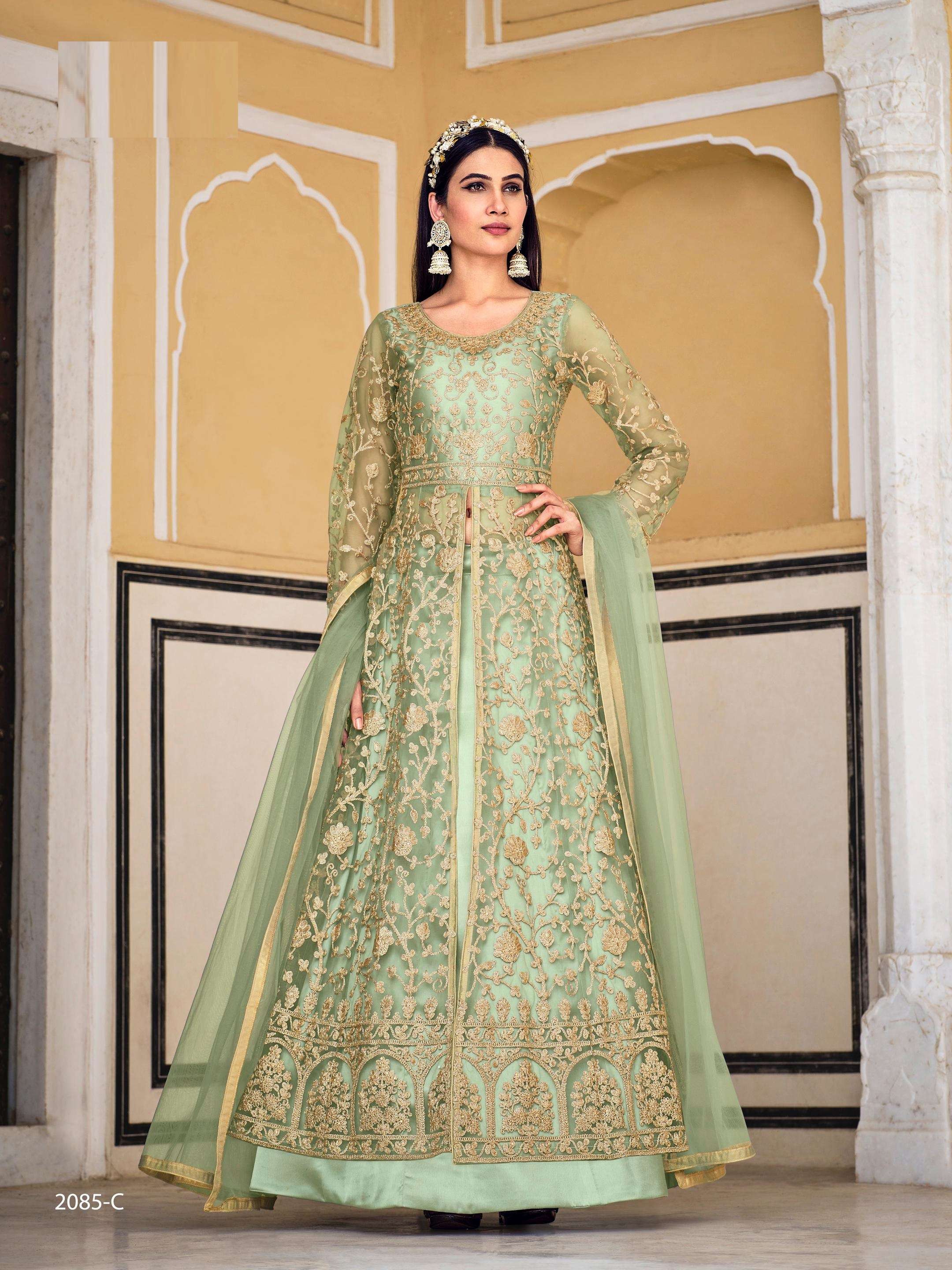 LATEST 2023 DESIGNER PISTA ANARKALI GOWN FOR WEDDING PARTY WEAR SALWAR SUIT LONG GOWN IN BUTTERFLY NET SENHORA SAMARA 2085C