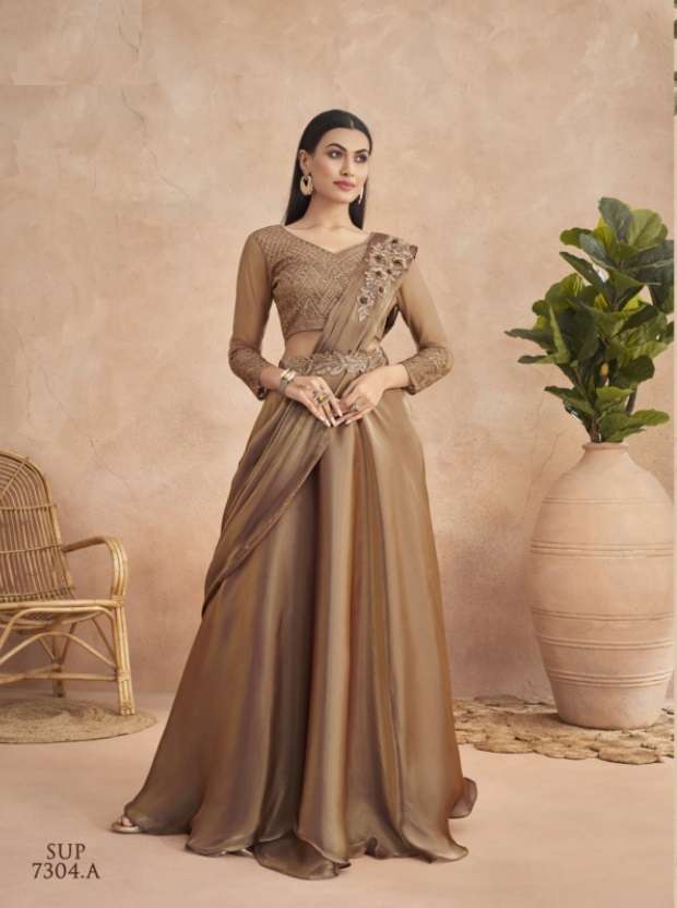 LATEST DESIGNER FANCY WEDDING PARTY WEAR BROWN SATIN SILK INDIAN SAREE WITH BELT SM TFH SUPER STAR 7304A