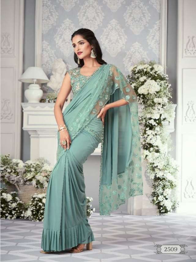 LATEST DESIGNER FANCY WEDDING PARTY WEAR GREEN LYCRA SILK INDIAN SAREE WITH SM ANMOL 2509