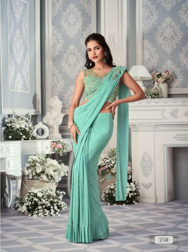 LATEST DESIGNER FANCY WEDDING PARTY WEAR GREEN LYCRA SILK INDIAN SAREE WITH SM ANMOL 2511