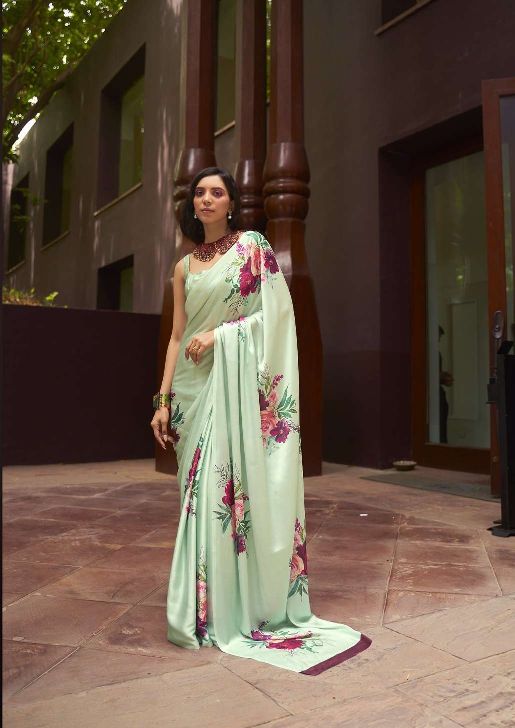 LATEST DESIGNER FANCY WEDDING PARTY WEAR GREEN SATIN SILK INDIAN SAREE WITH SM RJT KUDOS 260005