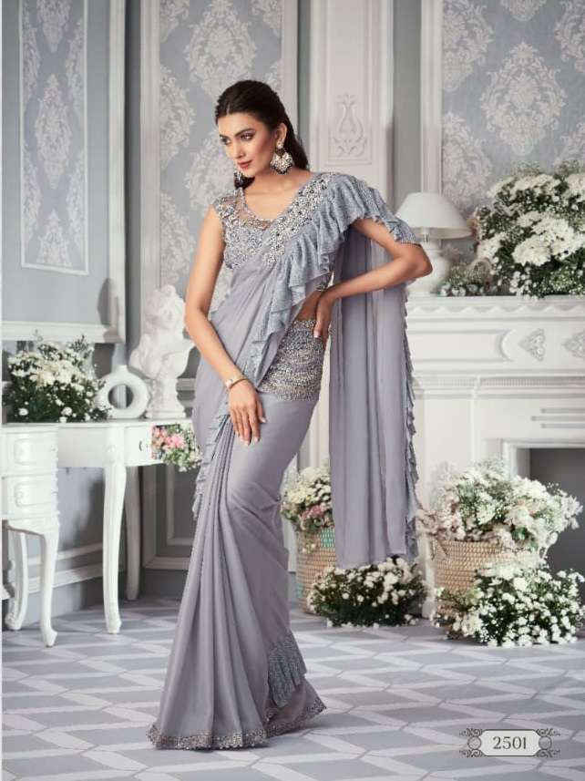 LATEST DESIGNER FANCY WEDDING PARTY WEAR GREY LYCRA SILK INDIAN SAREE WITH SM ANMOL 2501