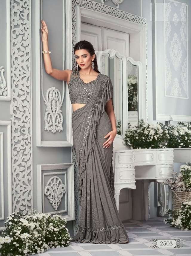 LATEST DESIGNER FANCY WEDDING PARTY WEAR GREY LYCRA SILK INDIAN SAREE WITH SM ANMOL 2503