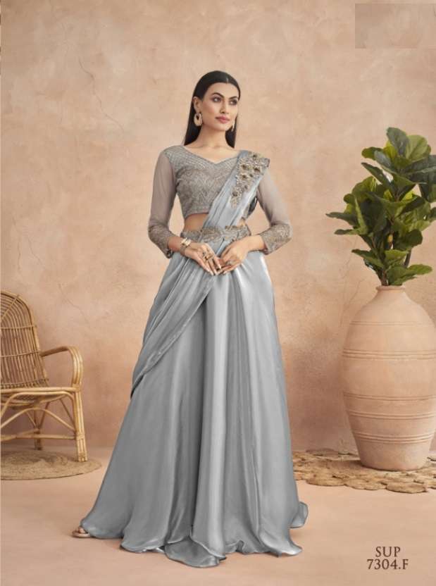 LATEST DESIGNER FANCY WEDDING PARTY WEAR GREY SATIN SILK INDIAN SAREE WITH BELT SM TFH SUPER STAR 7304F