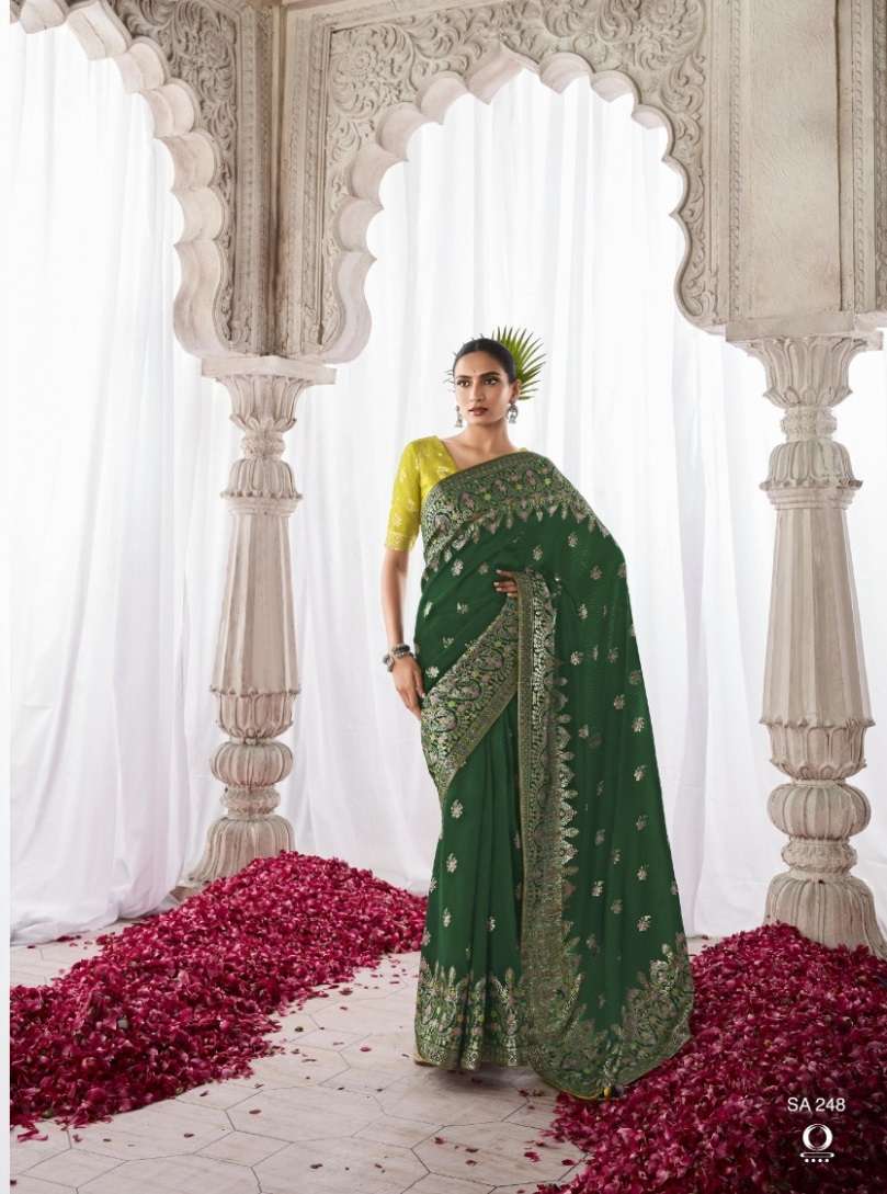 LATEST DESIGNER FANCY WEDDING PARTY WEAR HEAVY GREEN BANARASI SILK SAREE SM KM ASIANA 248