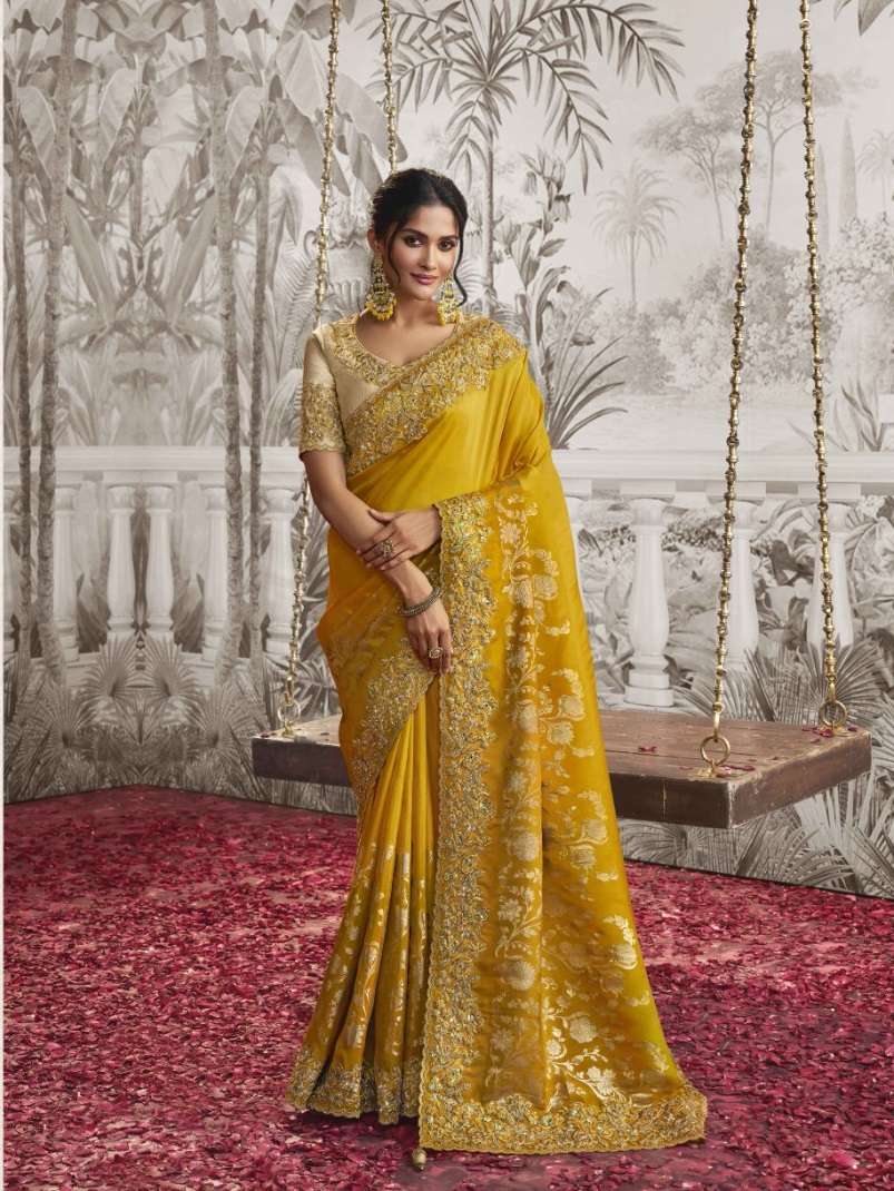 LATEST DESIGNER FANCY WEDDING PARTY WEAR HEAVY HEAVY YELLOW SILK SAREE SM SULAKSHMI NOOR 8202