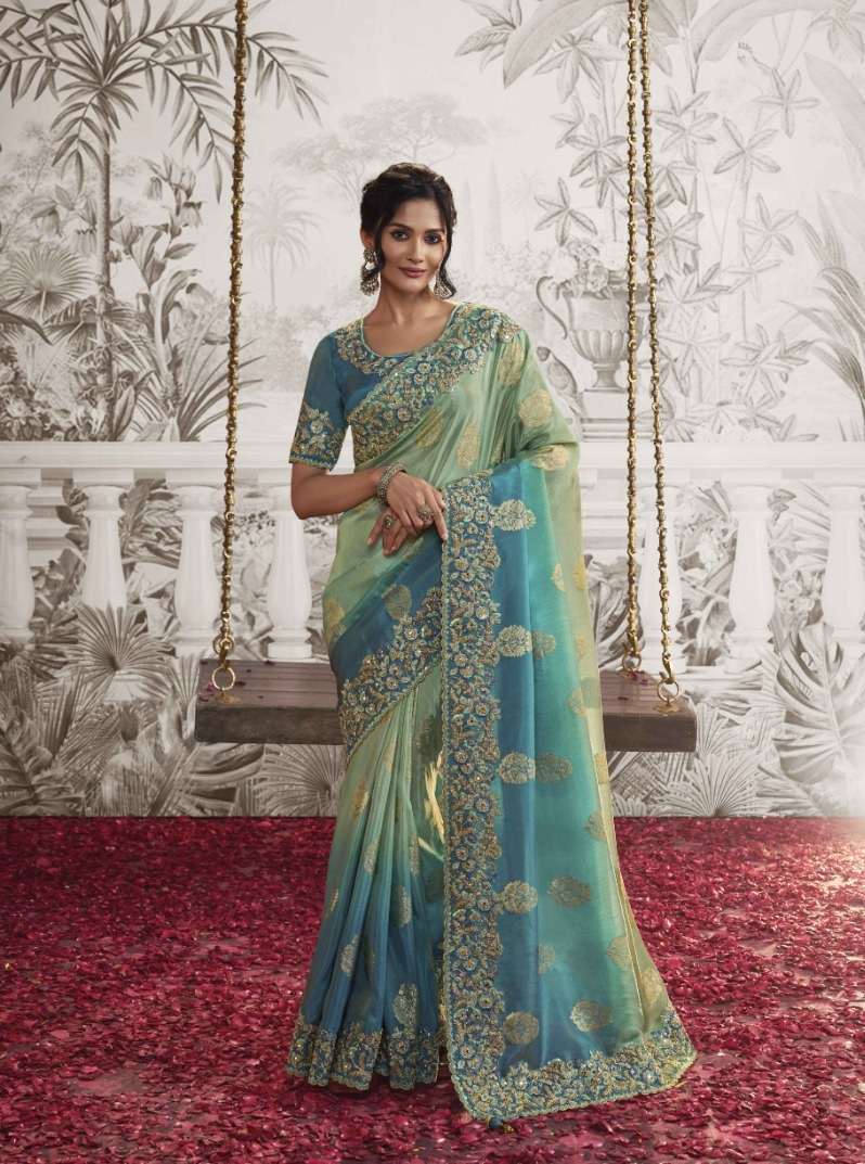 LATEST DESIGNER FANCY WEDDING PARTY WEAR HEAVY HEAVY PISTA BLUE SILK SAREE SM SULAKSHMI NOOR 8203