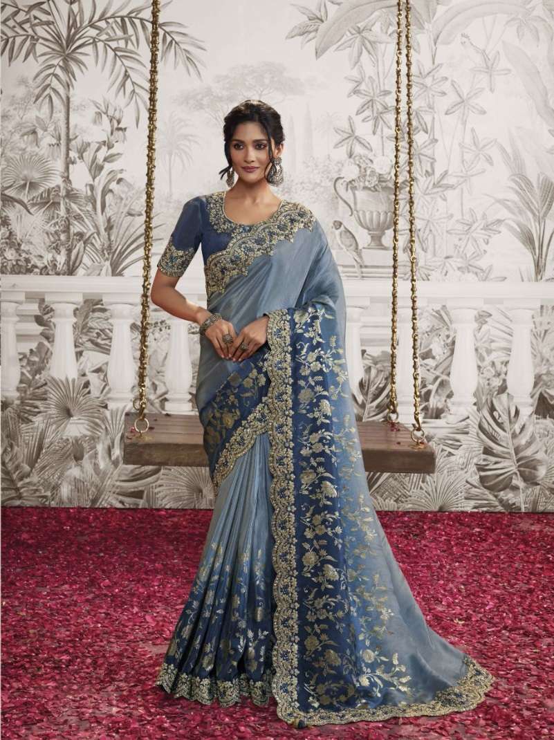 LATEST DESIGNER FANCY WEDDING PARTY WEAR HEAVY HEAVY BLUE SILK SAREE SM SULAKSHMI NOOR 8208