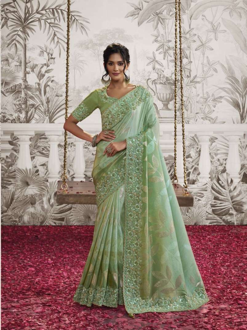 LATEST DESIGNER FANCY WEDDING PARTY WEAR HEAVY HEAVY GREEN SILK SAREE SM SULAKSHMI NOOR 8210