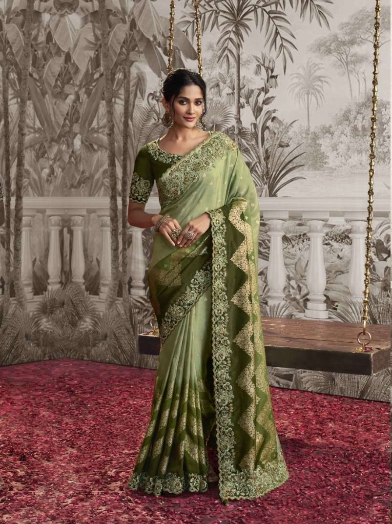 LATEST DESIGNER FANCY WEDDING PARTY WEAR HEAVY HEAVY GREEN SILK SAREE SM SULAKSHMI NOOR 8214