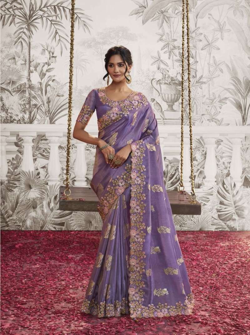 LATEST DESIGNER FANCY WEDDING PARTY WEAR HEAVY HEAVY PURPLE SILK SAREE SM SULAKSHMI NOOR 8213