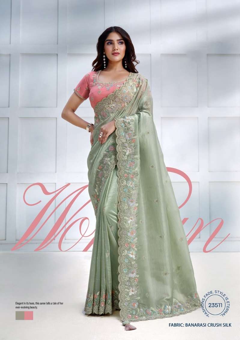 LATEST DESIGNER FANCY WEDDING PARTY WEAR HEAVY SATIN SILK PISTA SAREE DST MAHOTSAV 23511