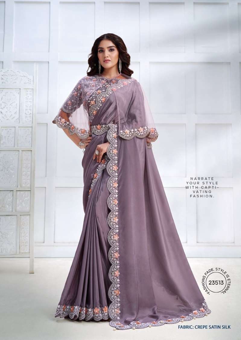 LATEST DESIGNER FANCY WEDDING PARTY WEAR HEAVY SATIN SILK LAVENDER SAREE DST MAHOTSAV 23513