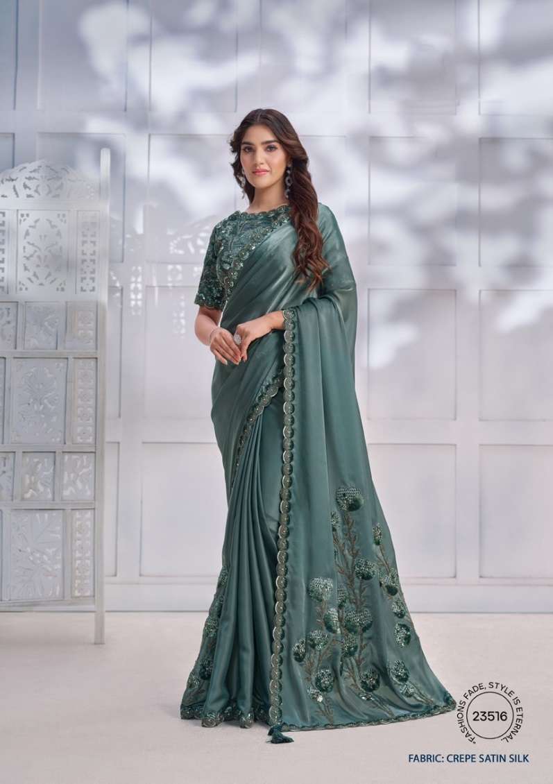 LATEST DESIGNER FANCY WEDDING PARTY WEAR HEAVY SATIN SILK GREEN SAREE DST MAHOTSAV 23516