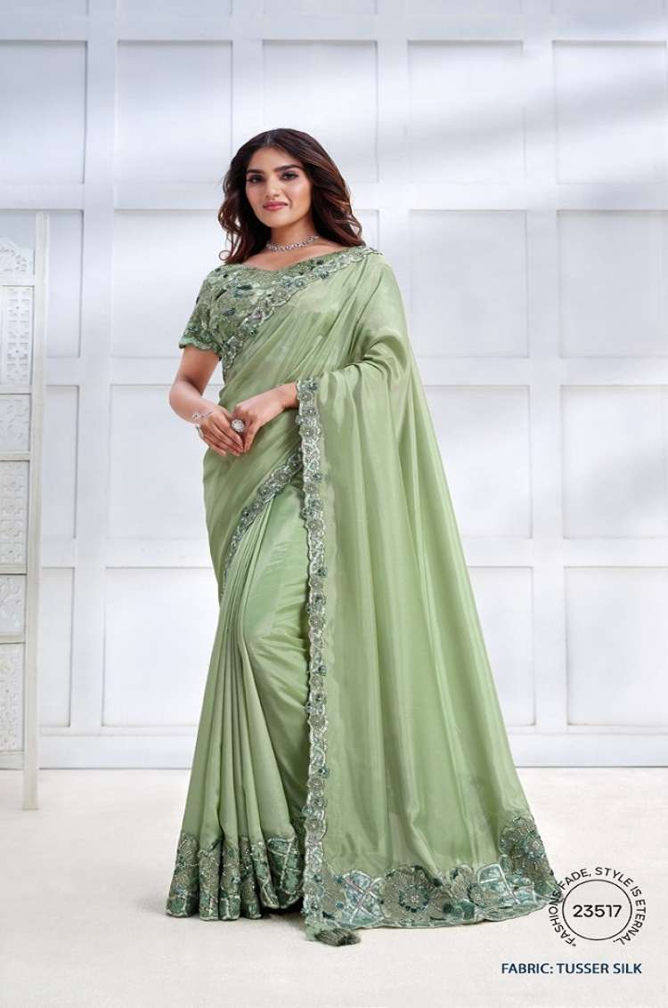 LATEST DESIGNER FANCY WEDDING PARTY WEAR HEAVY SATIN SILK GREEN SAREE DST MAHOTSAV 23517