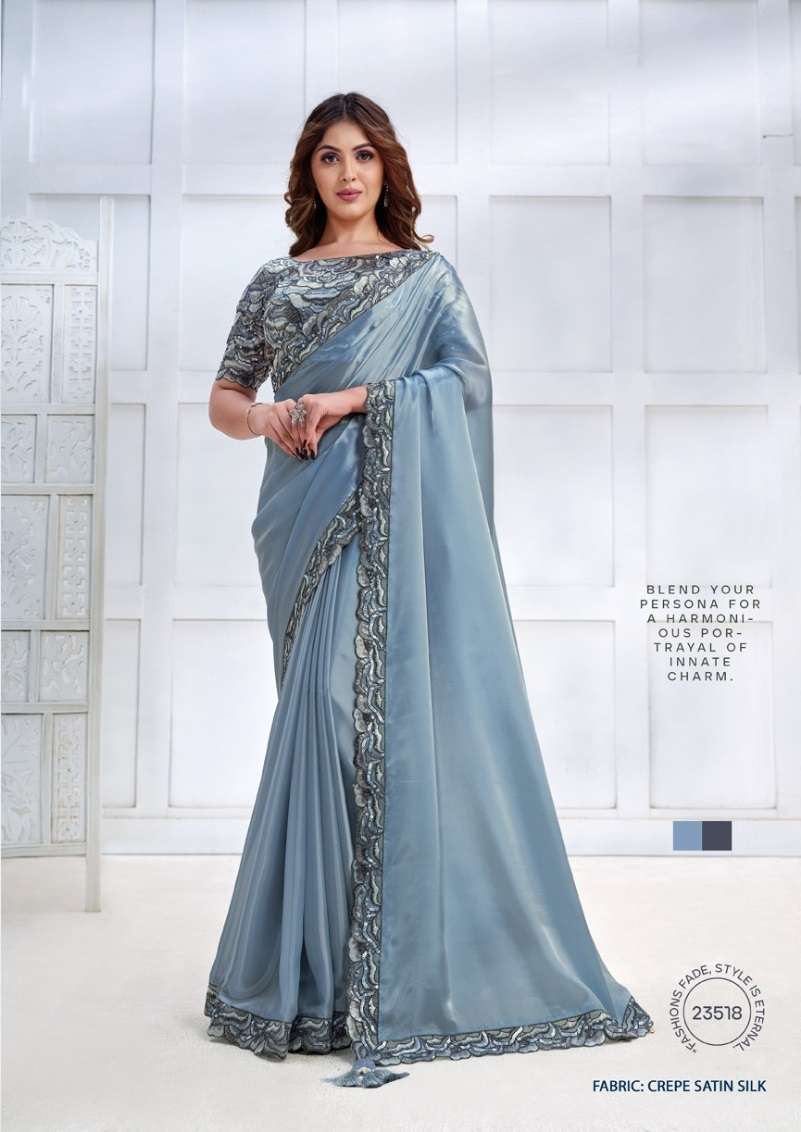 LATEST DESIGNER FANCY WEDDING PARTY WEAR HEAVY SATIN SILK SKY BLUE SAREE DST MAHOTSAV 23518