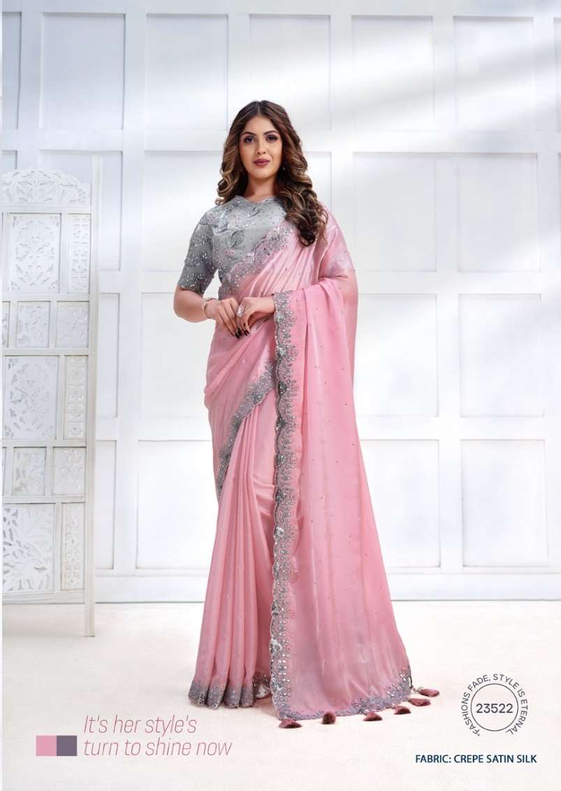 LATEST DESIGNER FANCY WEDDING PARTY WEAR HEAVY SATIN SILK PINK SAREE DST MAHOTSAV 23522