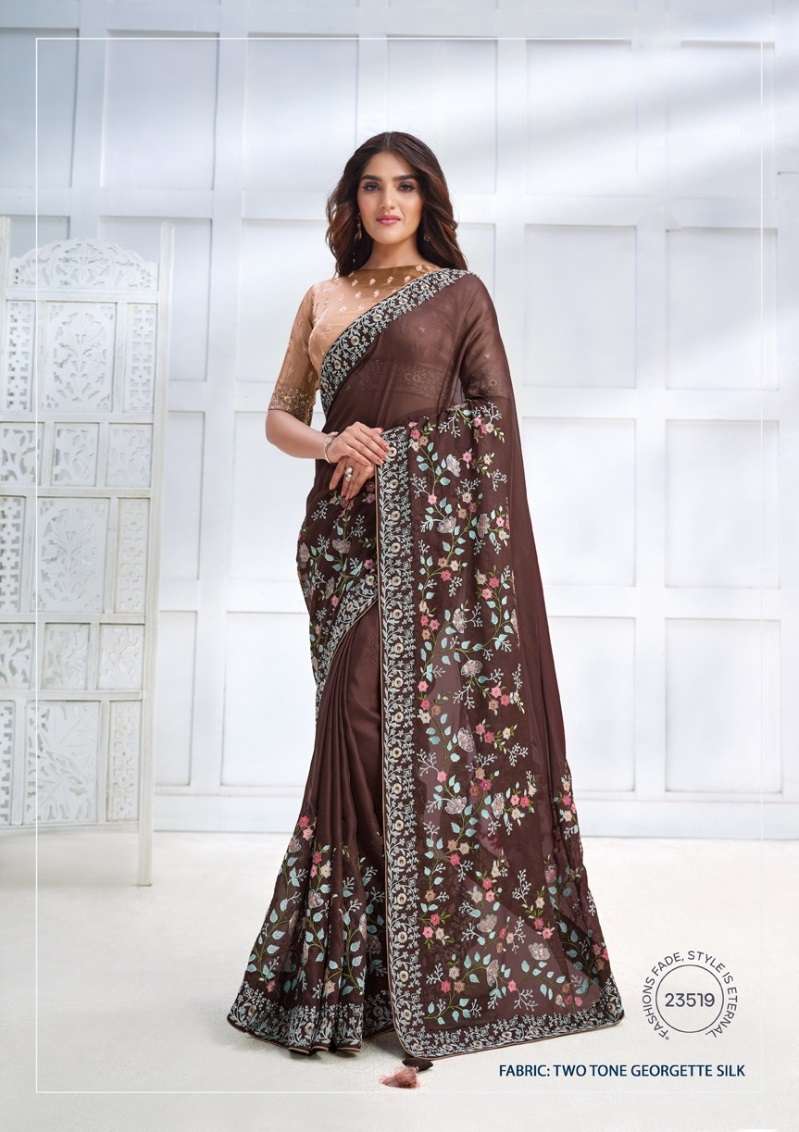 LATEST DESIGNER FANCY WEDDING PARTY WEAR HEAVY SATIN SILK BROWN SAREE DST MAHOTSAV 23519