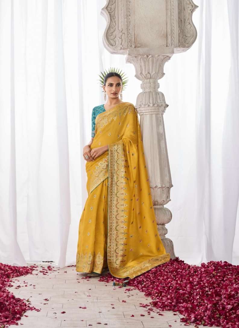 LATEST DESIGNER FANCY WEDDING PARTY WEAR HEAVY YELLOW BANARASI SILK SAREE SM KM ASIANA 253