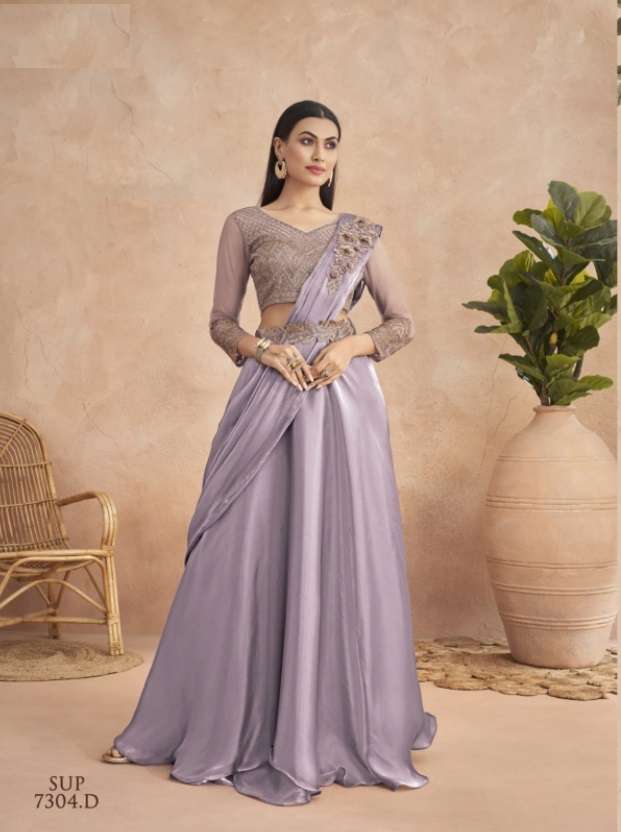 LATEST DESIGNER FANCY WEDDING PARTY WEAR LAVENDER SATIN SILK INDIAN SAREE WITH BELT SM TFH SUPER STAR 7304D