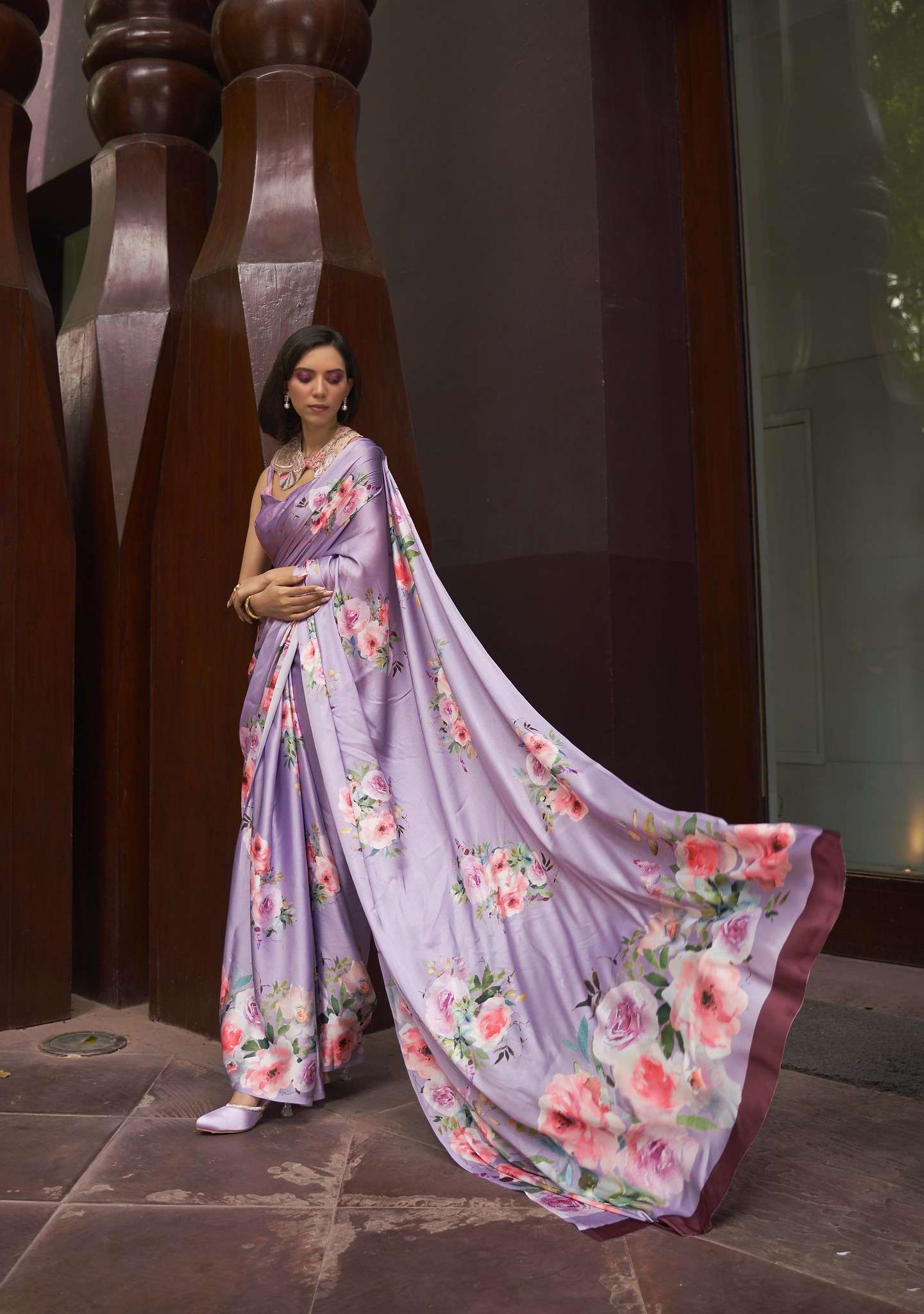 LATEST DESIGNER FANCY WEDDING PARTY WEAR LAVENDER SATIN SILK INDIAN SAREE WITH SM RJT KUDOS 260003