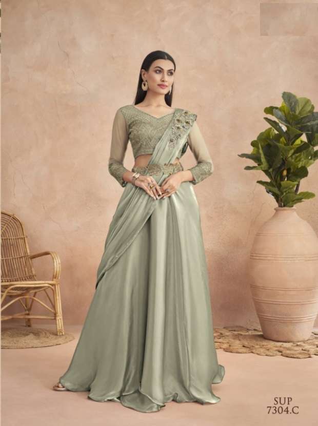 LATEST DESIGNER FANCY WEDDING PARTY WEAR PISTA SATIN SILK INDIAN SAREE WITH BELT SM TFH SUPER STAR 7304C