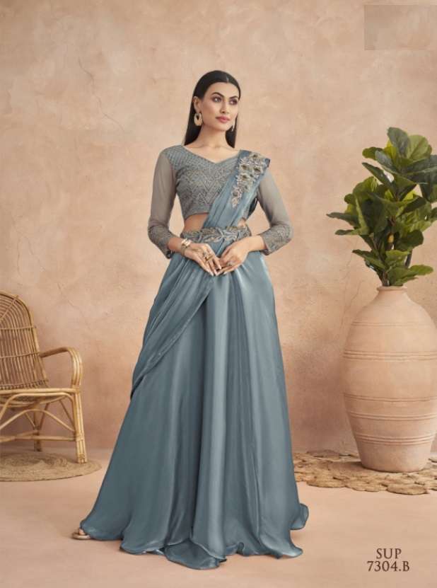 LATEST DESIGNER FANCY WEDDING PARTY WEAR SATIN SILK INDIAN GREY SAREE WITH BELT SM TFH SUPER STAR B