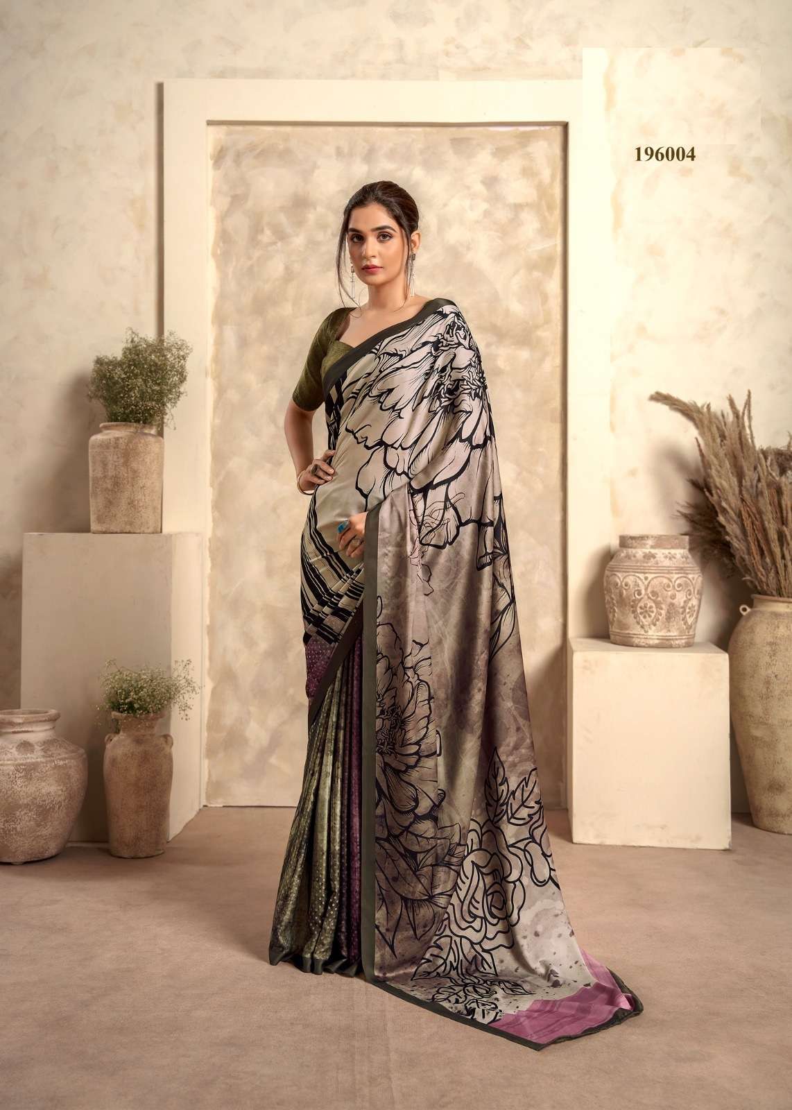 LATEST DESIGNER FANCY WEDDING PARTY WEAR SATIN SILK INDIAN GREY SAREE WITH SM RJPT 196004