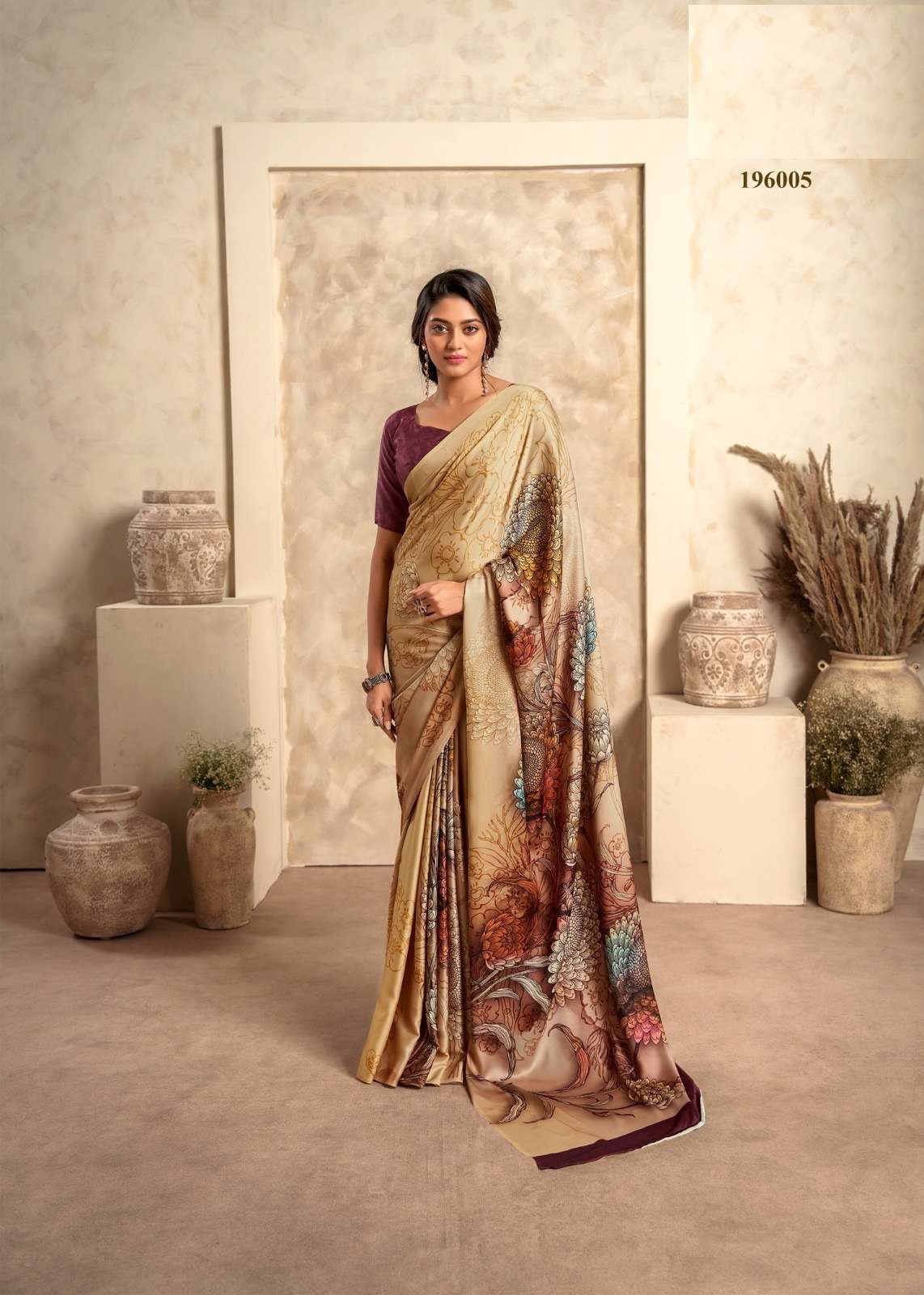 LATEST DESIGNER FANCY WEDDING PARTY WEAR SATIN SILK INDIAN BEIGE SAREE WITH SM RJPT 196005