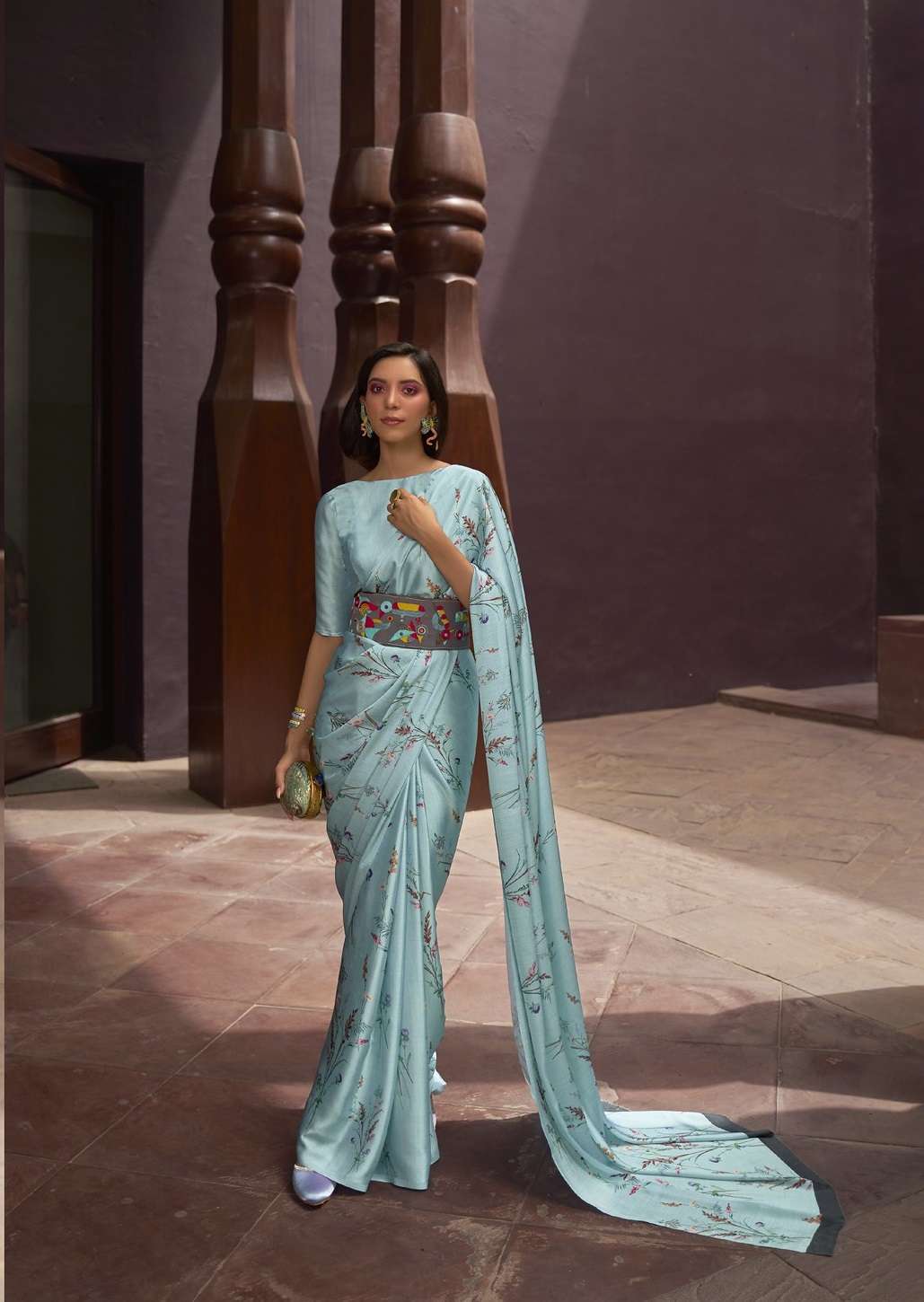 LATEST DESIGNER FANCY WEDDING PARTY WEAR SKY BLUE SATIN SILK INDIAN SAREE WITH SM RJT KUDOS 260006