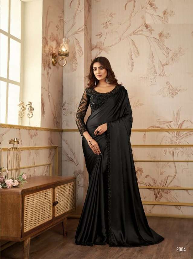 LATEST INDIAN DESIGNER FANCY WEDDING PARTY WEAR BLACK ORGANZA SILK SAREE SM ANMOL 2004