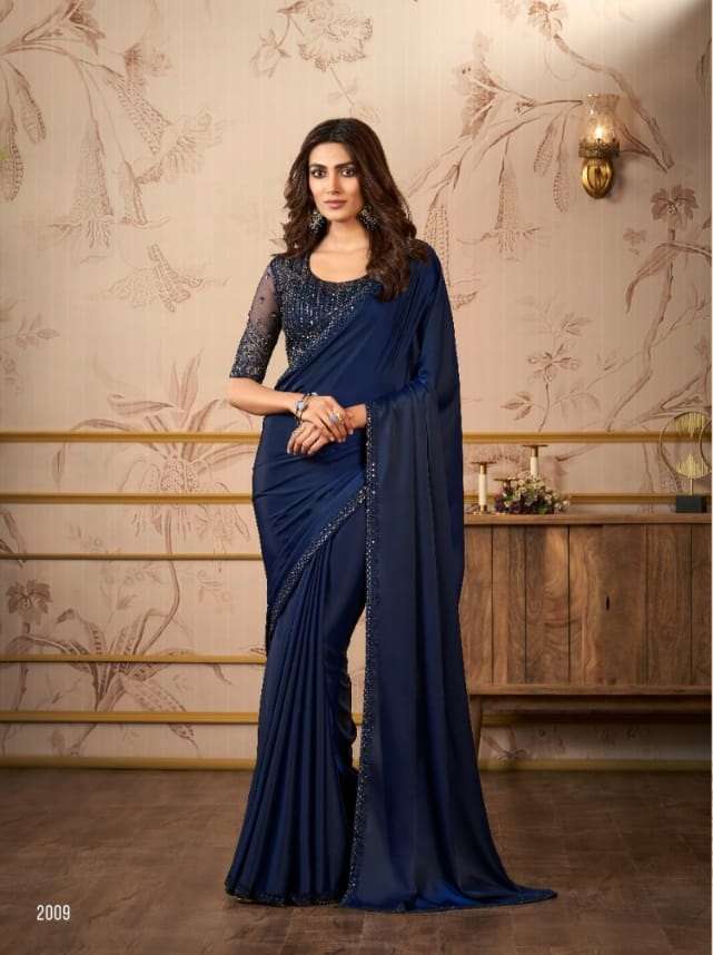 LATEST INDIAN DESIGNER FANCY WEDDING PARTY WEAR BLUE ORGANZA SILK SAREE SM ANMOL 2009