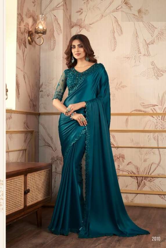 LATEST INDIAN DESIGNER FANCY WEDDING PARTY WEAR BLUE ORGANZA SILK SAREE SM ANMOL 2010